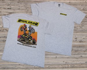 Photo showing grey Nelson Rigg-Rigg Gear Shirt with two motorcycles & UTV on back